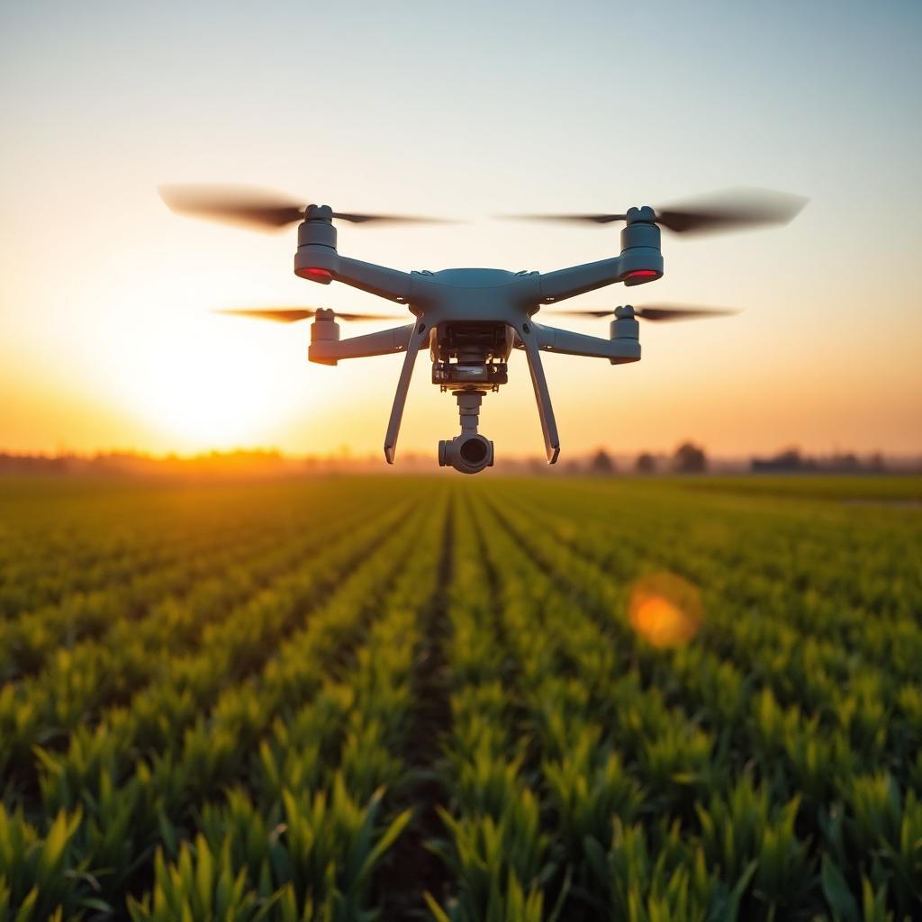 Agricultural drone monitoring crops at sunrise